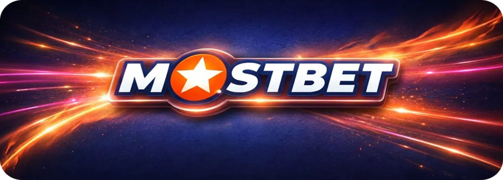 Mostbet kasyno online – baner z logo marki na tle pomarańczowych promieni świetlnych