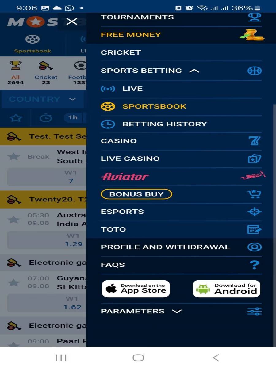 Aplikacja Mostbet na Androida (APK) – menu z sekcjami Casino, Live Casino, Aviator i Esports