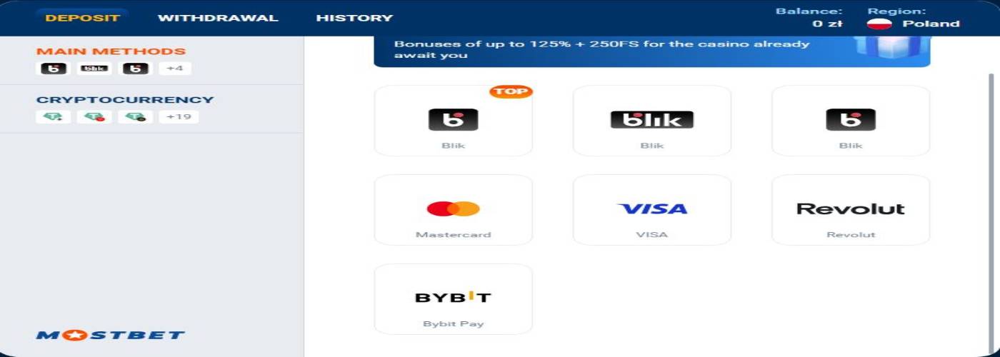 Mostbet wypłata BLIK – kasa z metodami płatności Blik, Mastercard, VISA, Revolut i Bybit Pay